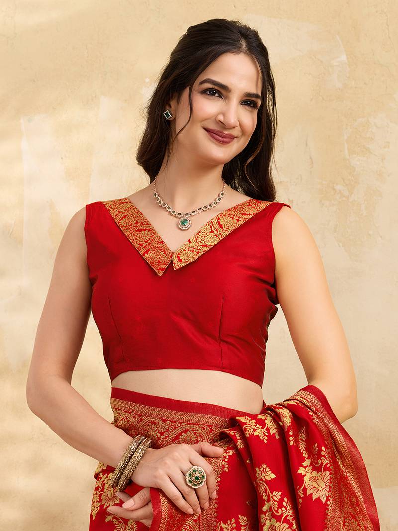 Jacquard Silk Woven Zari Work Red Traditional Ethnic Wear Saree With Unstitch Blouse Piece
