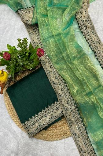 Parrot Green Color Jari Dori & Sequins Embroidered Work Tissue Silk Saree