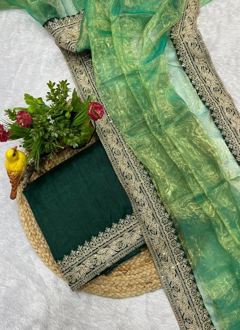 Parrot Green Color Jari Dori & Sequins Embroidered Work Tissue Silk Saree