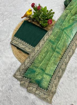 Parrot Green Color Jari Dori & Sequins Embroidered Work Tissue art silk saree 2