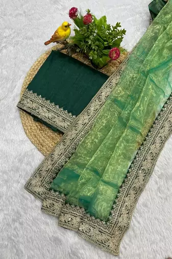 Parrot Green Color Jari Dori & Sequins Embroidered Work Tissue art silk saree