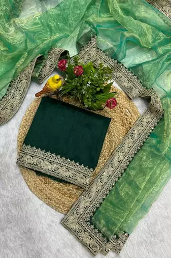Parrot Green Color Jari Dori & Sequins Embroidered Work Tissue art silk saree