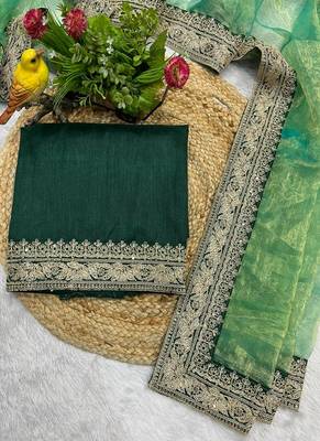 Parrot Green Color Jari Dori & Sequins Embroidered Work Tissue art silk saree 4