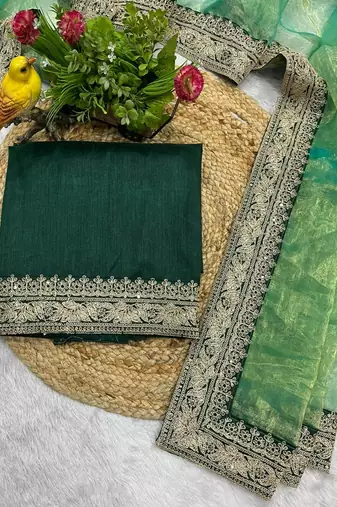 Parrot Green Color Jari Dori & Sequins Embroidered Work Tissue art silk saree