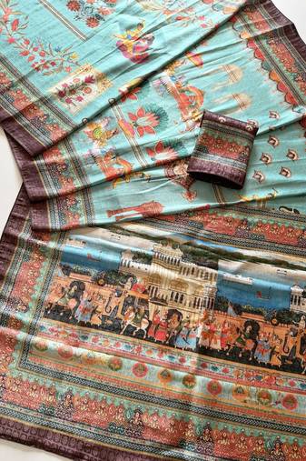 Sky Blue Color Digital printing Wok Silk Saree