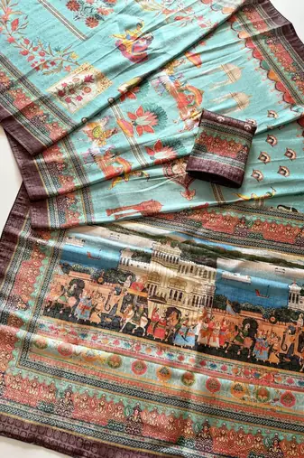 Sky Blue Color Digital printing Wok Silk Saree