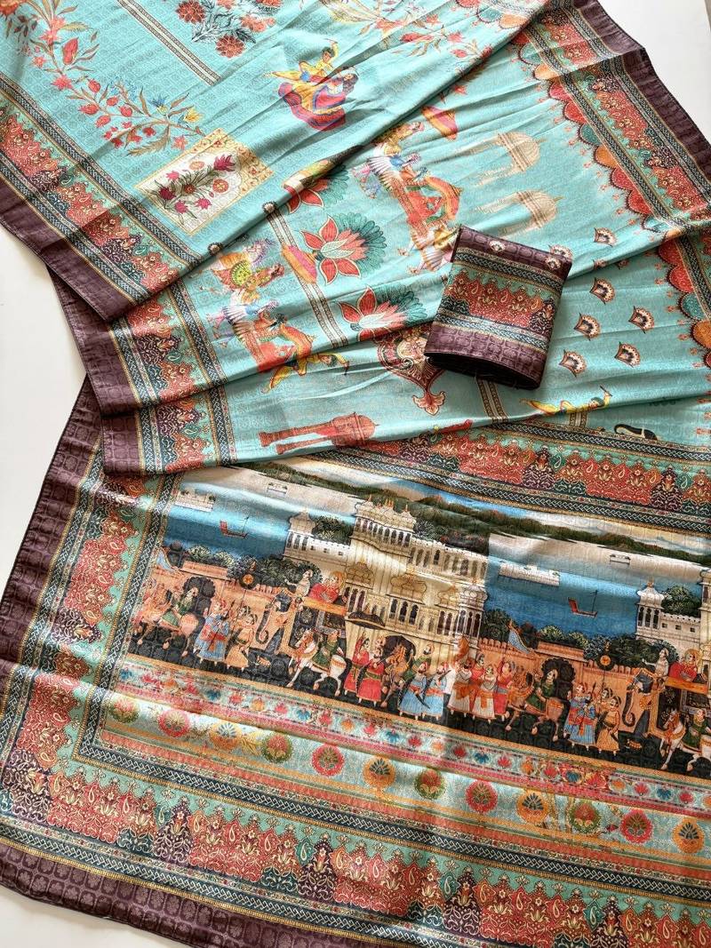 Sky Blue Color Digital printing Wok Silk Saree