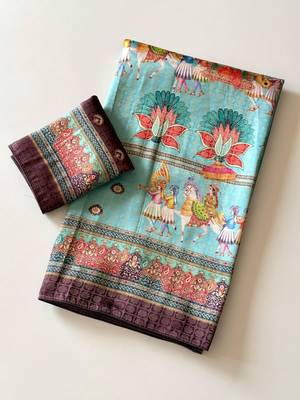 Sky Blue Color Digital printing Wok Silk Saree 3