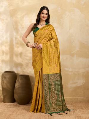 Golden Jacquard Silk Saree With Green Border & Zari Work Pallu With Unstitched Blouse Piece 1