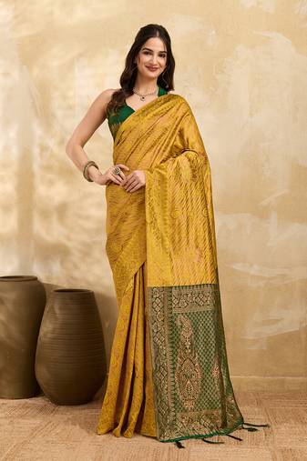 Golden Jacquard Silk Saree With Green Border & Zari Work Pallu With Unstitched Blouse Piece