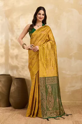 Golden Jacquard Silk Saree With Green Border & Zari Work Pallu With Unstitched Blouse Piece