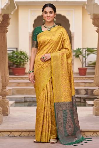Golden Jacquard Silk Saree With Green Border & Zari Work Pallu With Unstitched Blouse Piece