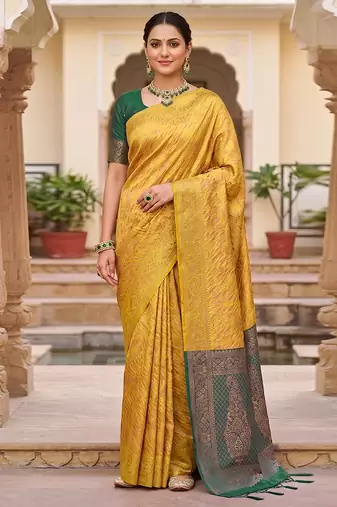 Golden Jacquard Silk Saree With Green Border & Zari Work Pallu With Unstitched Blouse Piece