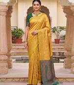 Golden Jacquard Silk Saree With Green Border & Zari Work Pallu With Unstitched Blouse Piece