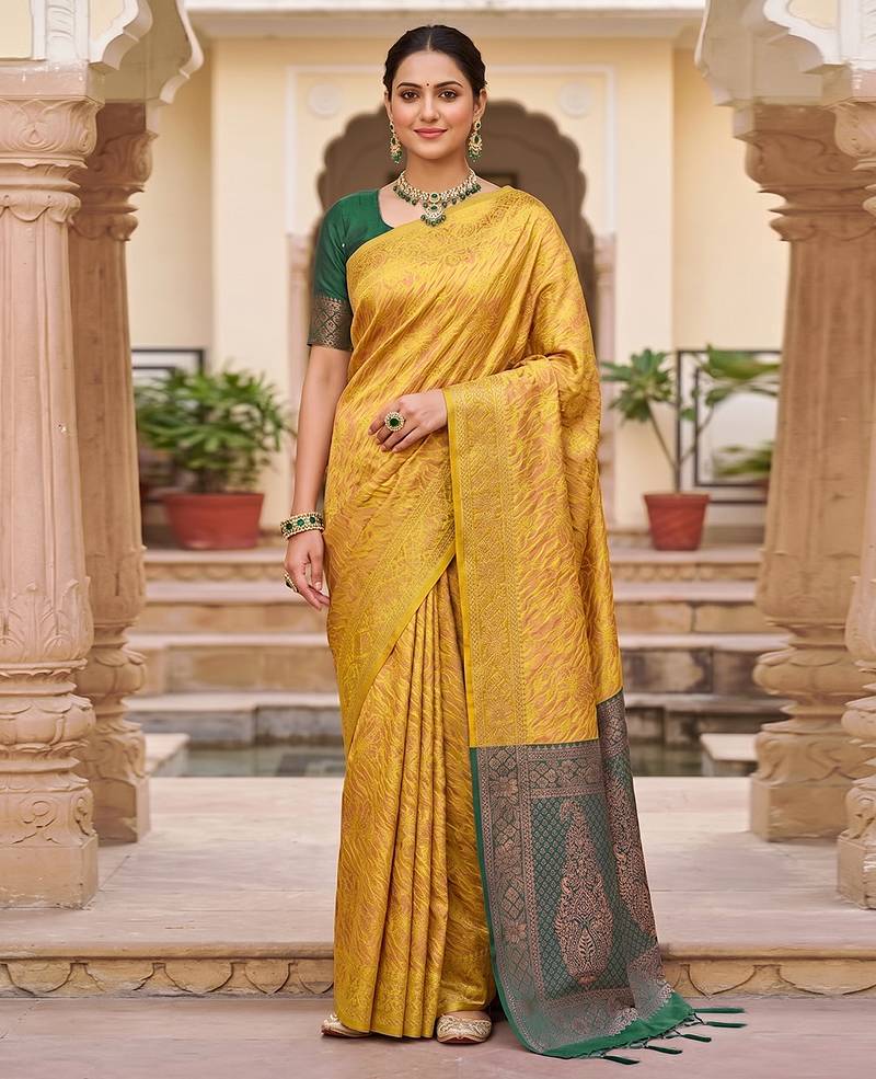 Golden Jacquard Silk Saree With Green Border & Zari Work Pallu With Unstitched Blouse Piece
