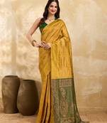 Golden Jacquard Silk Saree With Green Border & Zari Work Pallu With Unstitched Blouse Piece