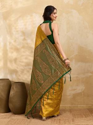 Golden Jacquard Silk Saree With Green Border & Zari Work Pallu With Unstitched Blouse Piece 2