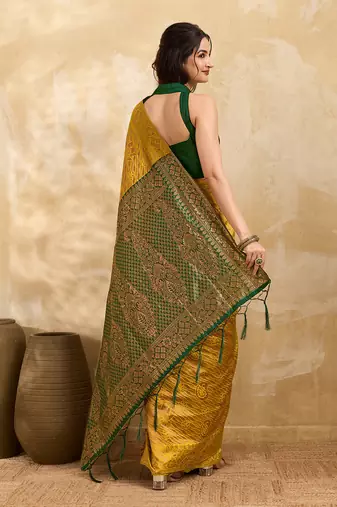 Golden Jacquard Silk Saree With Green Border & Zari Work Pallu With Unstitched Blouse Piece