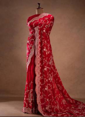 Red Color Embroidery Work of Sequins and malti thread Work satin art silk saree 1