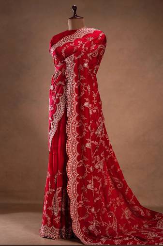 Red Color Embroidery Work of Sequins and malti thread Work satin Silk Saree