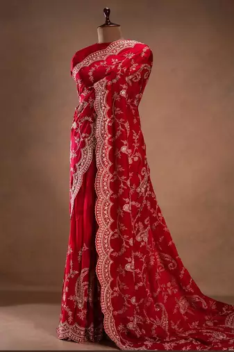 Red Color Embroidery Work of Sequins and malti thread Work satin Silk Saree