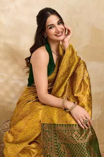 Golden Jacquard Silk Saree With Green Border & Zari Work Pallu With Unstitched Blouse Piece