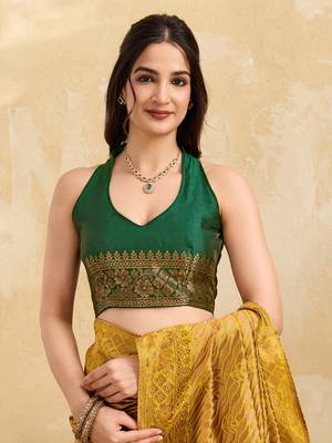 Golden Jacquard Silk Saree With Green Border & Zari Work Pallu With Unstitched Blouse Piece 5