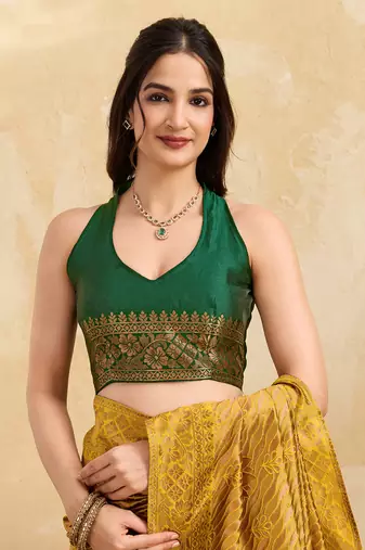 Golden Jacquard Silk Saree With Green Border & Zari Work Pallu With Unstitched Blouse Piece
