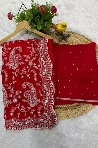 Red Color Embroidery Work of Sequins and malti thread Work satin art silk saree