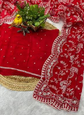 Red Color Embroidery Work of Sequins and malti thread Work satin art silk saree 3