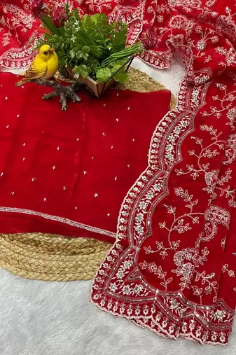 Red Color Embroidery Work of Sequins and malti thread Work satin art silk saree