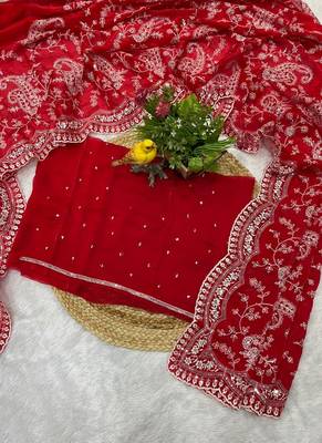 Red Color Embroidery Work of Sequins and malti thread Work satin art silk saree 4