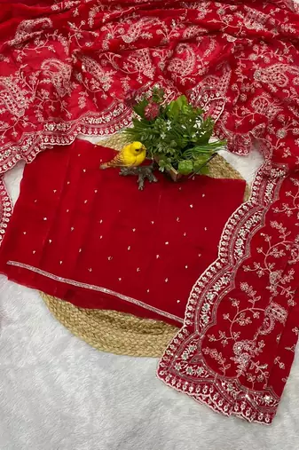 Red Color Embroidery Work of Sequins and malti thread Work satin art silk saree