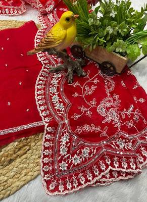 Red Color Embroidery Work of Sequins and malti thread Work satin art silk saree 5