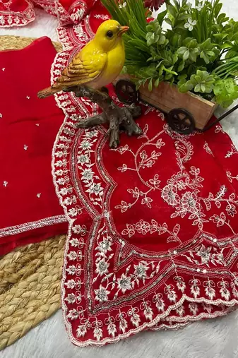Red Color Embroidery Work of Sequins and malti thread Work satin art silk saree