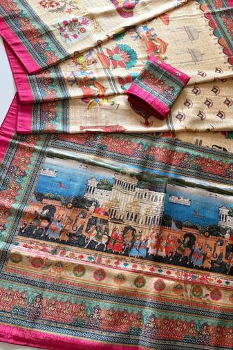 Cream  Color Digital printing Wok Silk Saree