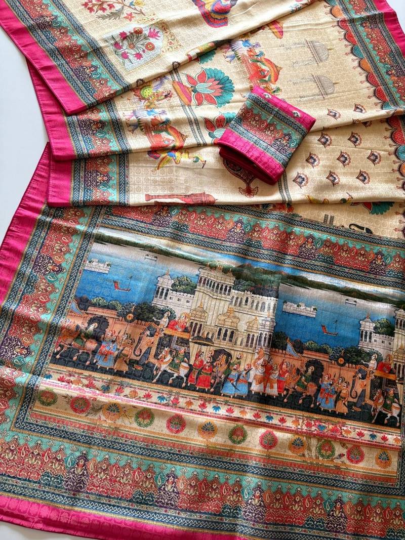 Cream  Color Digital printing Wok Silk Saree