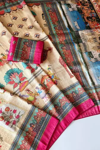 Cream  Color Digital printing Wok Silk Saree