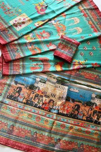Teal  Color Digital printing Wok Silk Saree