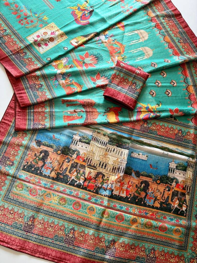 Teal  Color Digital printing Wok Silk Saree