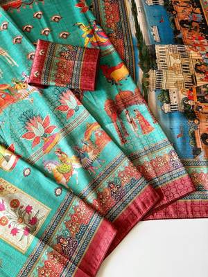 Teal  Color Digital printing Wok Silk Saree 2
