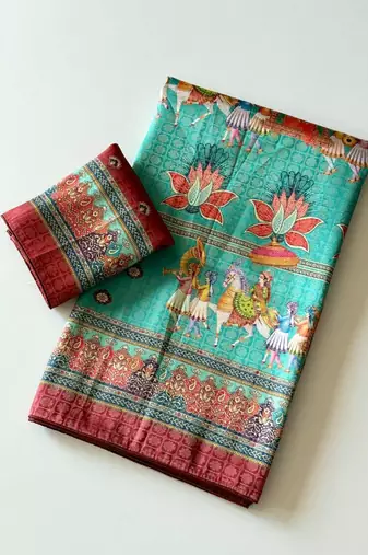 Teal  Color Digital printing Wok Silk Saree