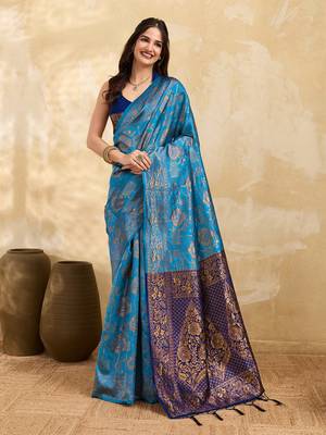 Blue Jacquard Silk Saree With Rich Zari Work Border With Unstitched Blouse Piece 1