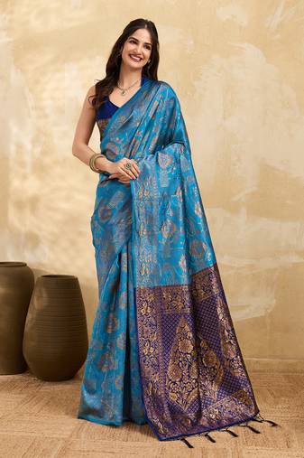 Blue Jacquard Silk Saree With Rich Zari Work Border With Unstitched Blouse Piece
