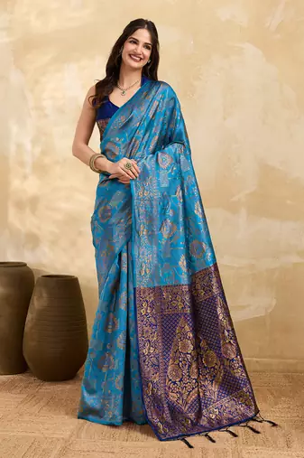 Blue Jacquard Silk Saree With Rich Zari Work Border With Unstitched Blouse Piece