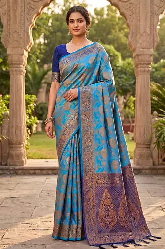Blue Jacquard Silk Saree With Rich Zari Work Border With Unstitched Blouse Piece