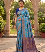 Blue Jacquard Silk Saree With Rich Zari Work Border With Unstitched Blouse Piece