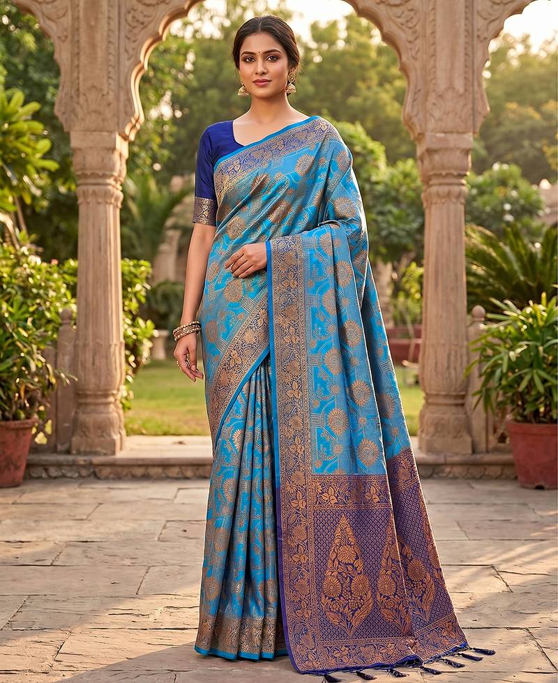 Blue Jacquard Silk Saree With Rich Zari Work Border With Unstitched Blouse Piece