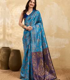 Blue Jacquard Silk Saree With Rich Zari Work Border With Unstitched Blouse Piece