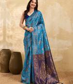 Blue Jacquard Silk Saree With Rich Zari Work Border With Unstitched Blouse Piece